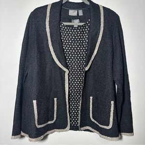 Chico’s Travelers Black Tan Textured Crinkle Open Jacket with Tank Top 2 (L)